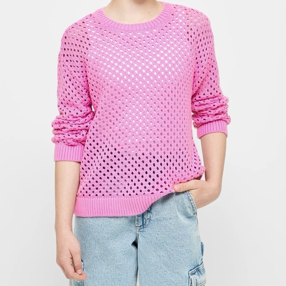 Woman’s Medium Light Pink Crochet Long Sleeve Crew Neckline Coverup Sweater